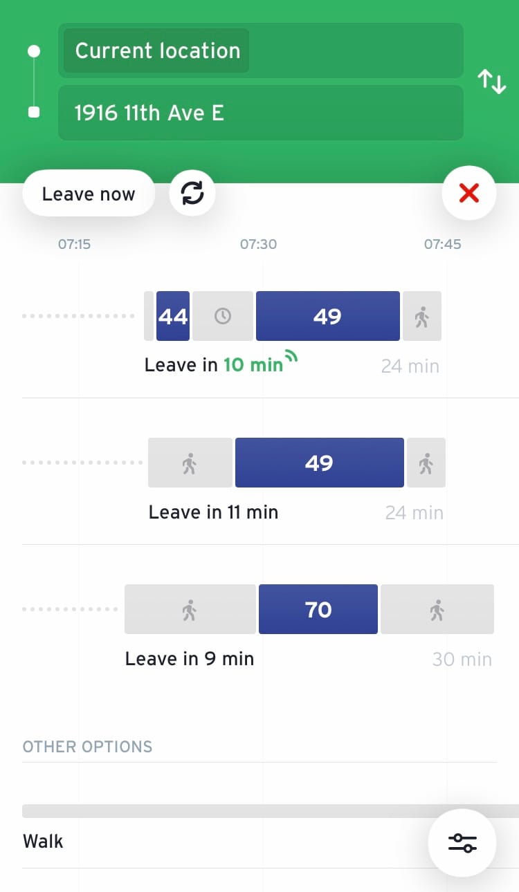 Trip planning screen with one partially live tip option. (Transit App)