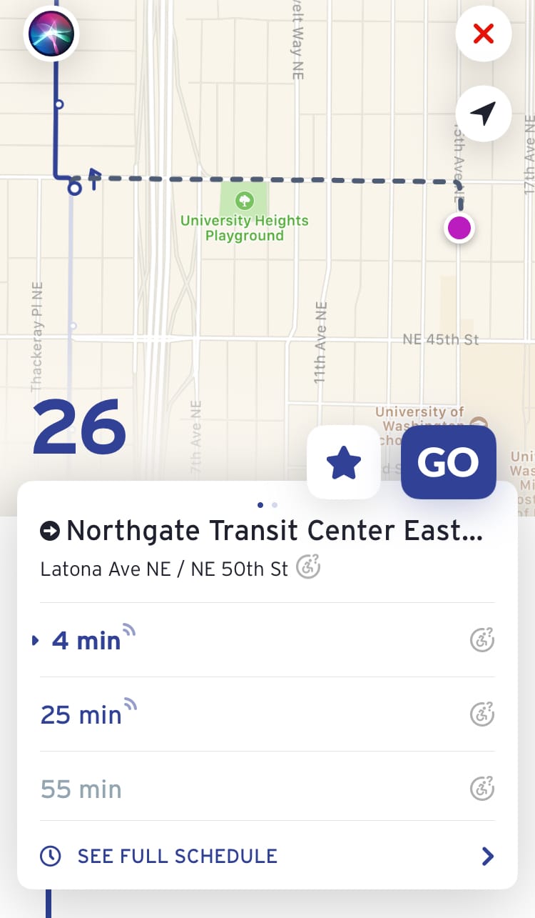 Next trips for Route 26, some with live trip data. (Transit App)