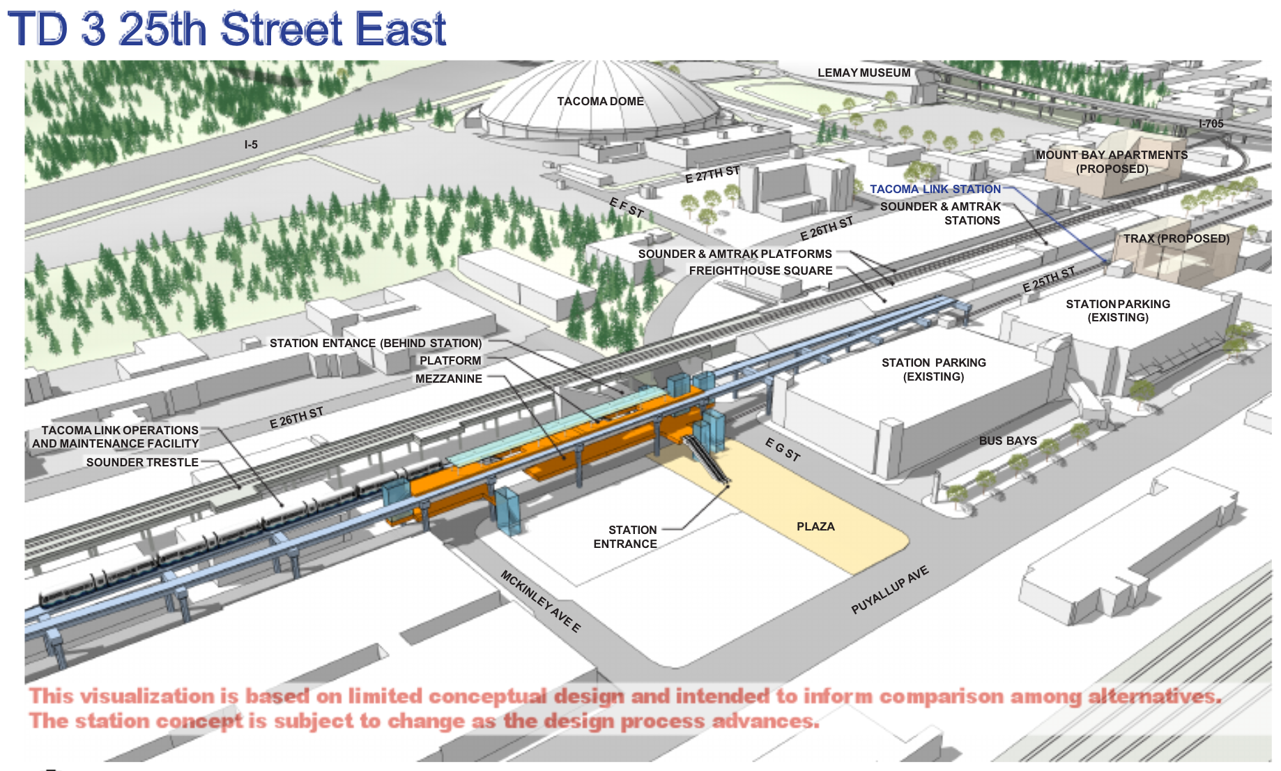Rendering of the TD 3 option for the Tacoma Dome segment. (Sound Transit)﻿
