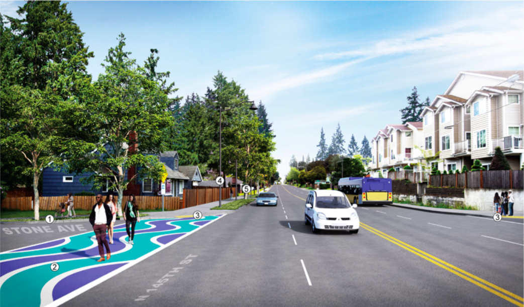 While improvements like painted pedestrian crossings will increase safety for walkers on 145th Street the roadway will continue to be dominated by cars. Additionally, while bus service will become more frequent, buses will not have a dedicated travel lane. Credit: City of Shoreline 145th Street Multimodal Plan