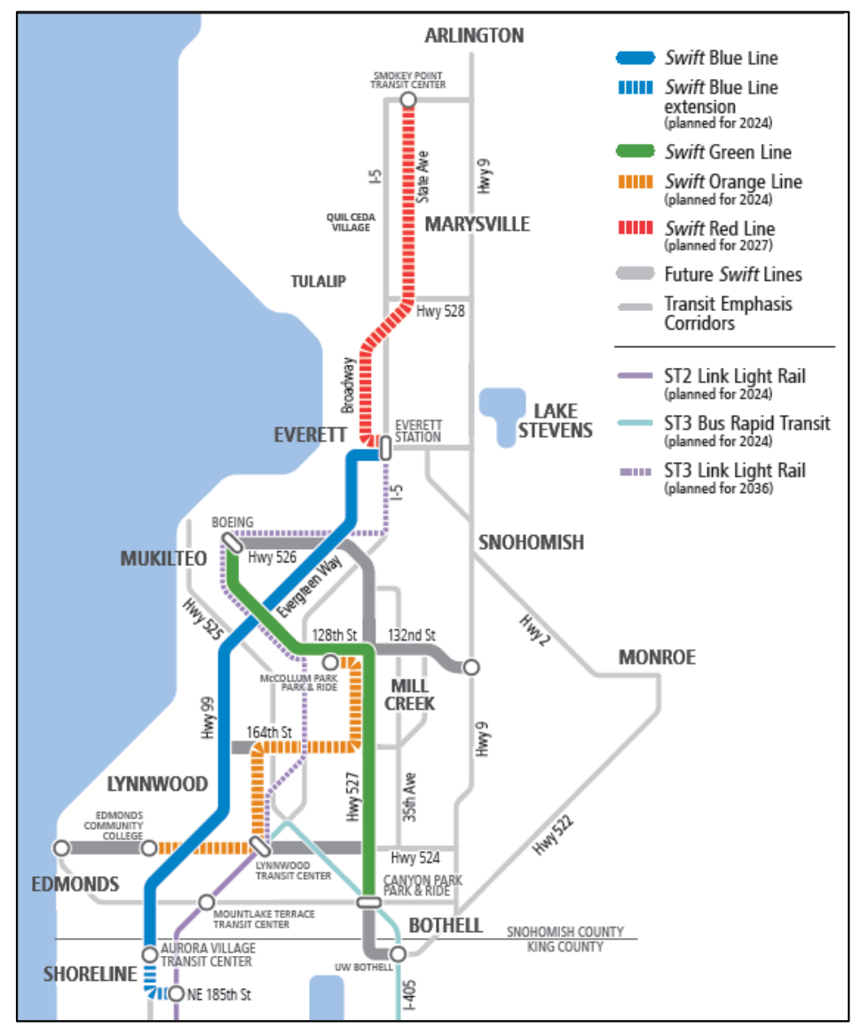Conceptual Swift network, light rail, and transit emphasis corridors. (Community Transit)