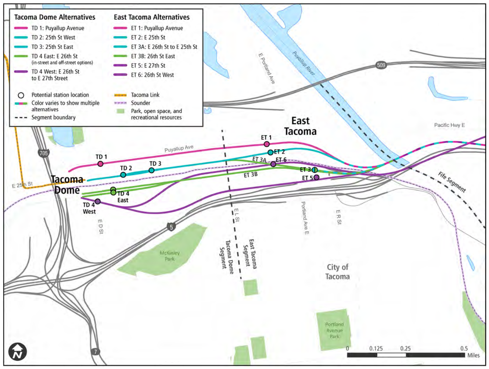 A map showing both the Tacoma Dome and East Tacoma Alternatives for light rail.