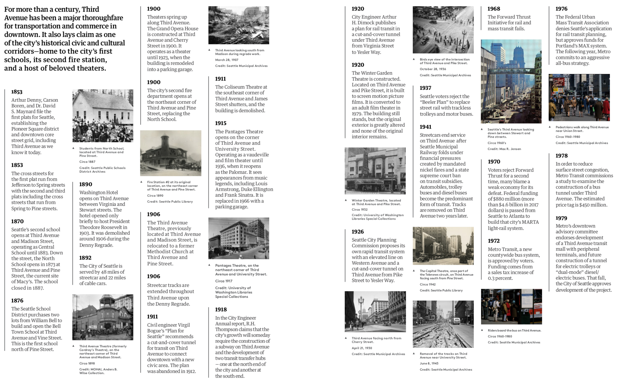 Excerpt of early transit and Third Avenue history from 1853 to 1979. Preface notes "For more than a century, Third Avenue has been a major thoroughfare for transportation and commerce in downtown. It also lays claim as one of the city's historical civic and cultural corridors--home to the city's first schools, its second fire station, and a host of beloved theaters." (Downtown Seattle Association)