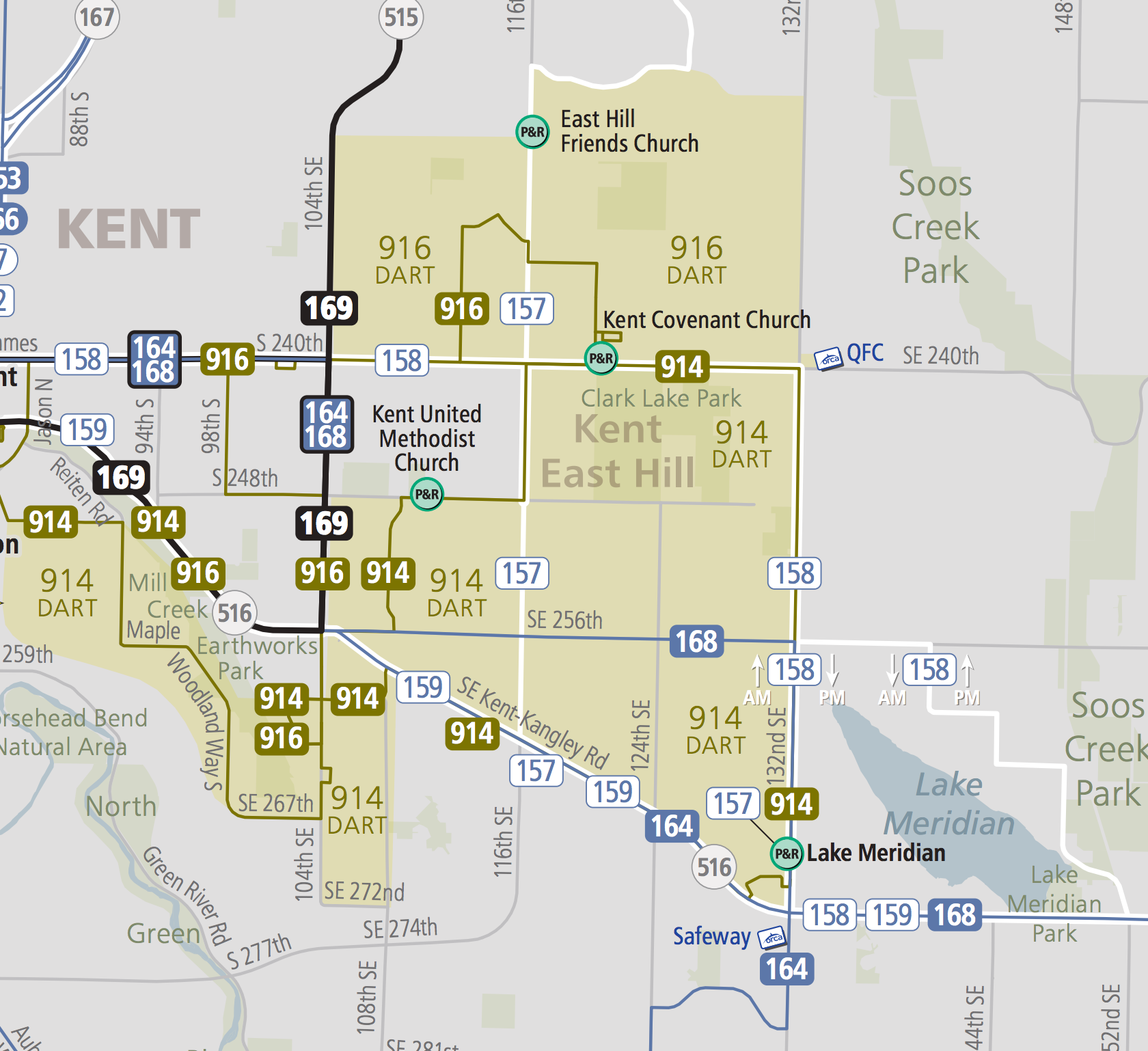 The existing bus network in East Hill and Lake Meridian. Blue = all-day routes; white = peak-hour express routes; gold = DART routes. (King County)
