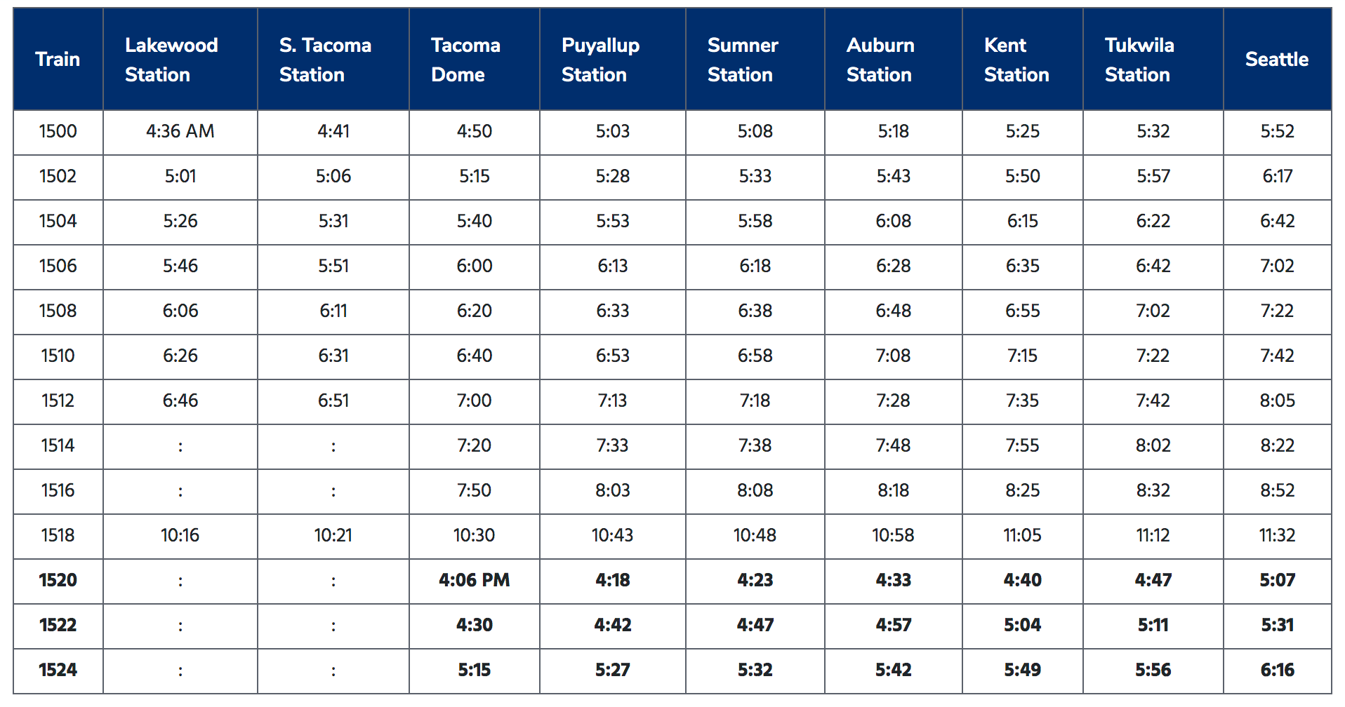 Existing northbound schedule. (Sound Transit)