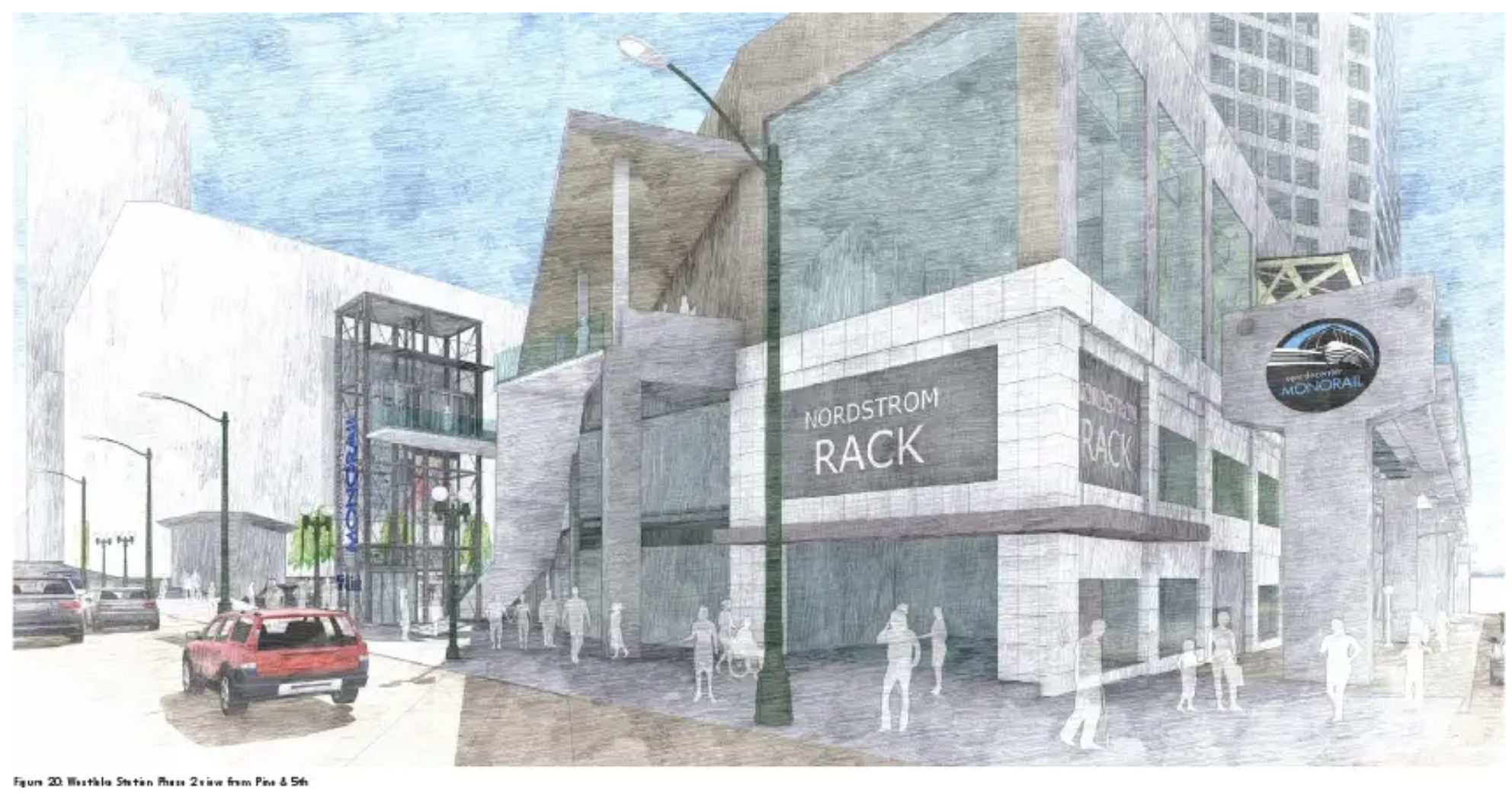 Street access to the monorail station at Westlake. (VIA Architecture / City of Seattle)