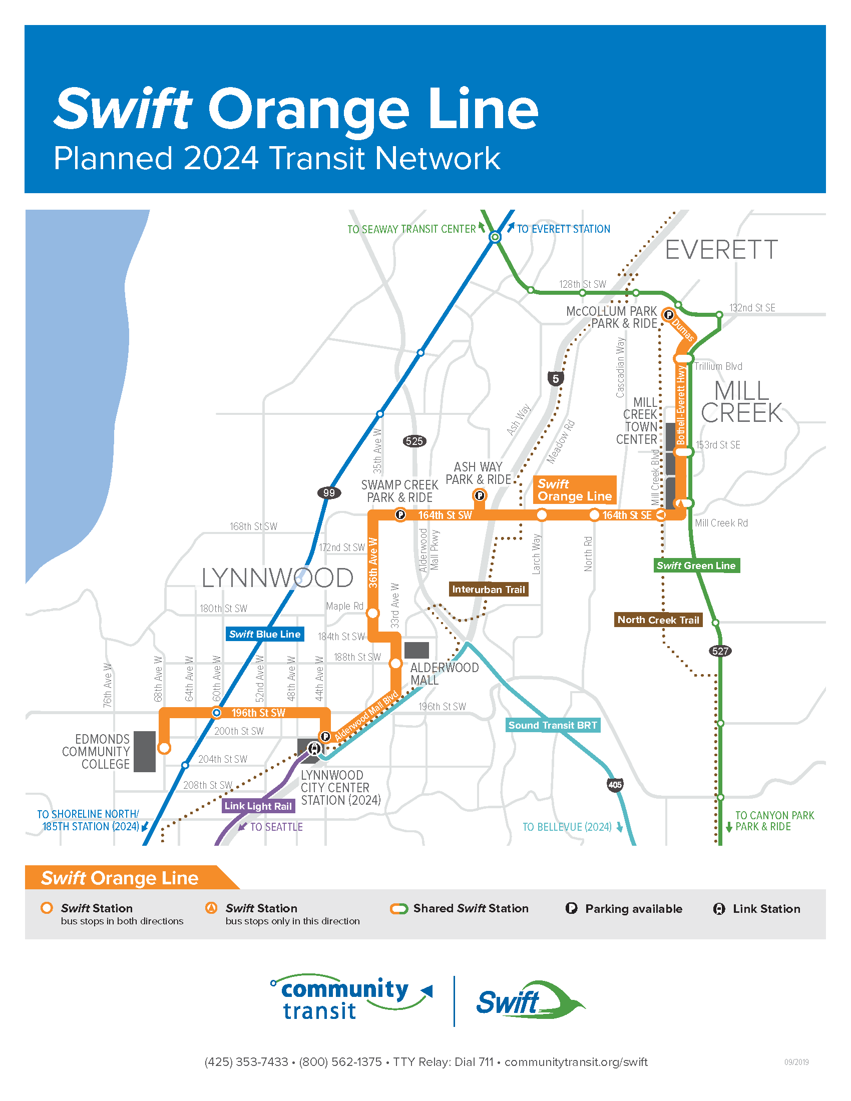 Conceptual alignment, stations, and relationship to other transit for the planned Swift Orange Line. (Community Transit)
