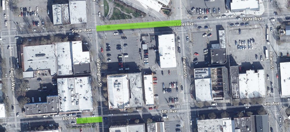 Green highlights transit improvement locations. (City of Olympia)