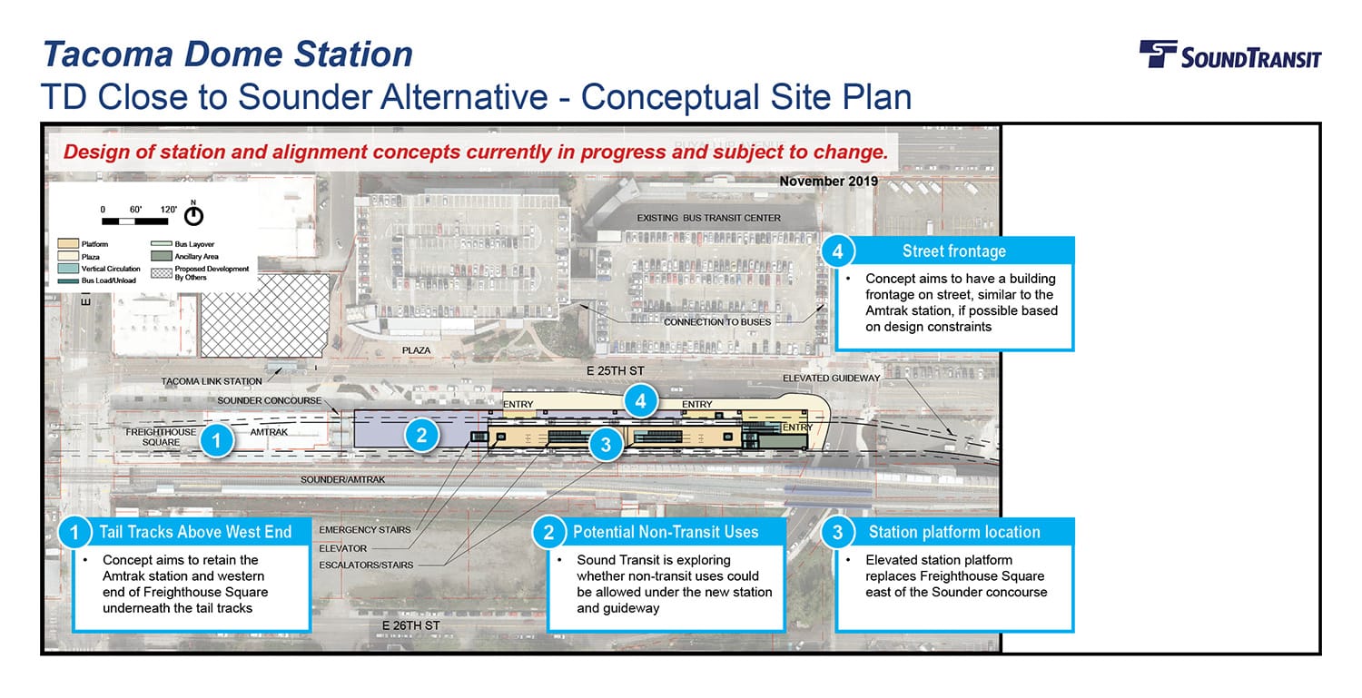 The conceptual station layout option for the Tacoma Dome Station TD Close to Sounder Alternative. (Sound Transit)