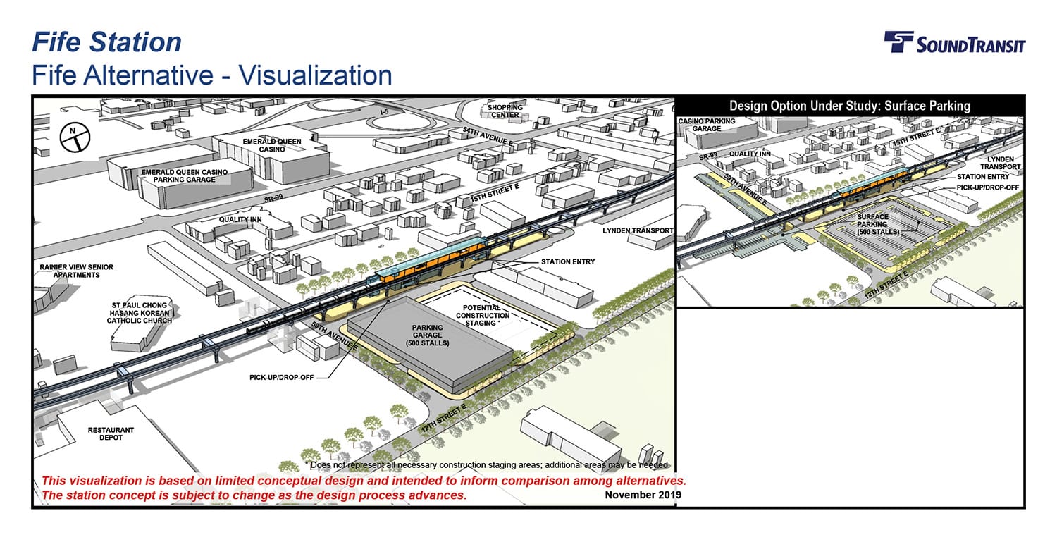 Renderings of the conceptual station layout options for the Fife Station. (Sound Transit)