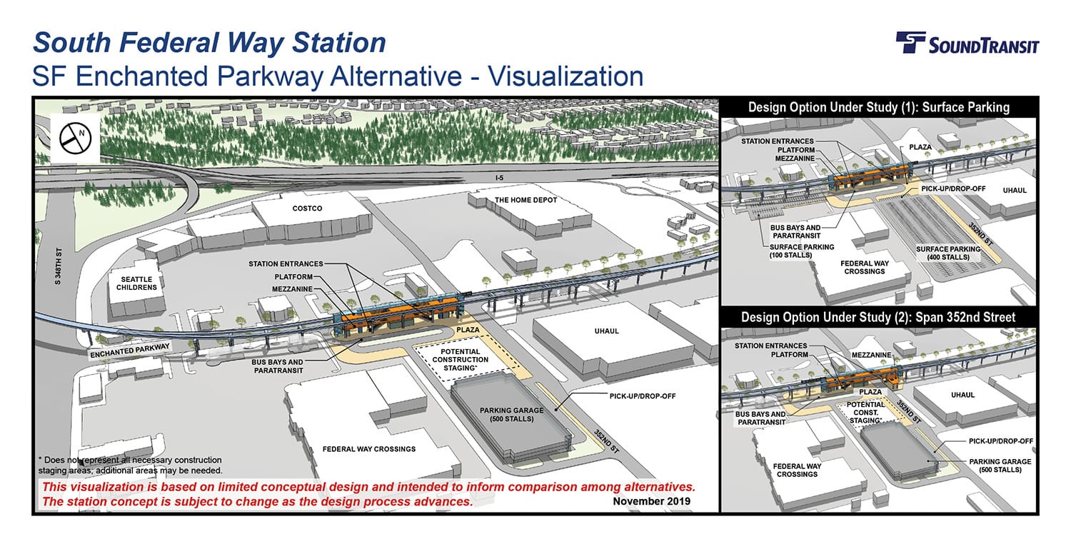 Renderings of the conceptual station layout options for the South Federal Way Station on Enchanted Parkway. (Sound Transit)