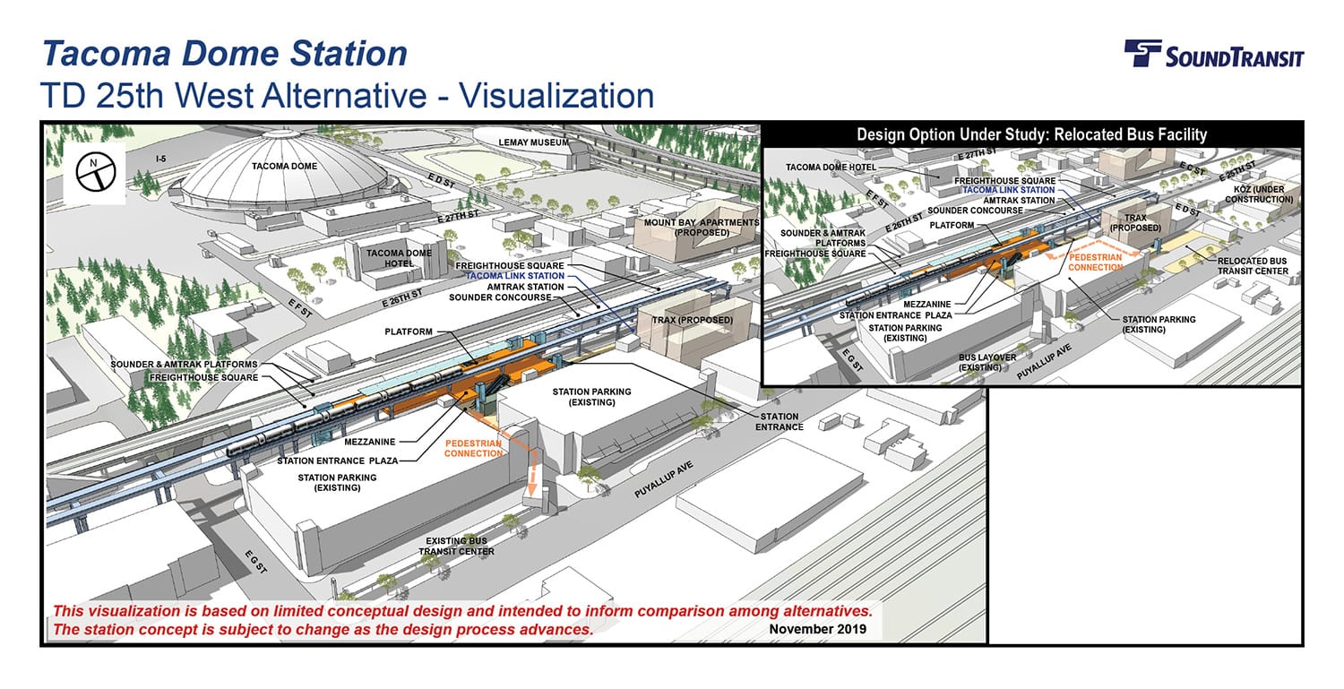 Renderings of the conceptual station layout options for the Tacoma Dome Station TD 25th West Alternative. (Sound Transit)