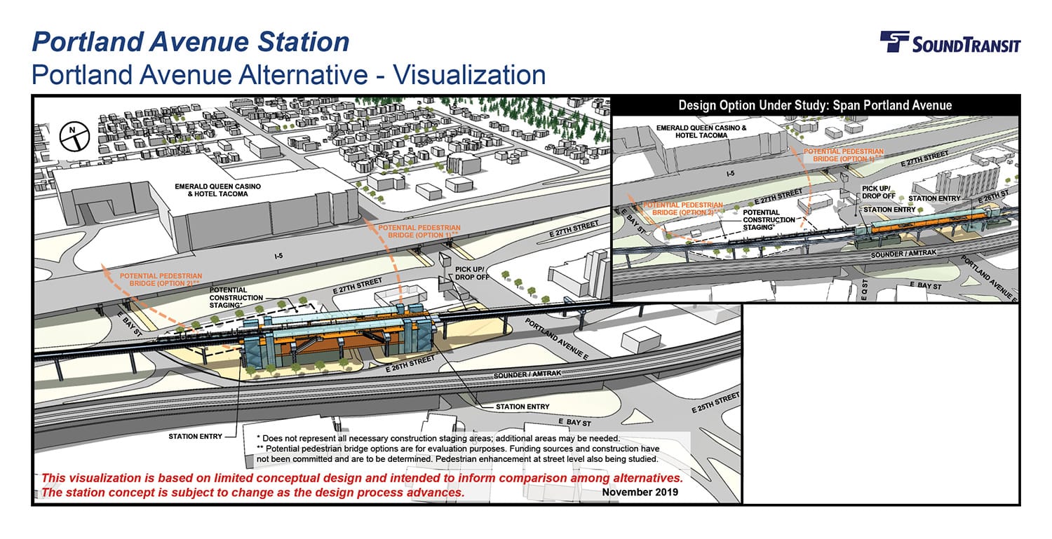 Renderings of the conceptual station layout options for the Portland Avenue Station. (Sound Transit)