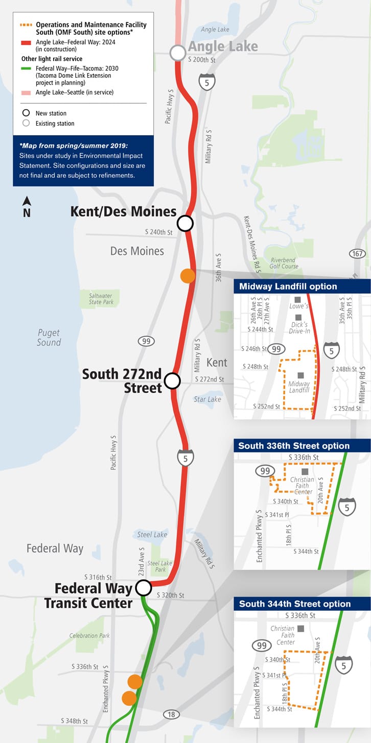 Overview map of the OMF South candidate site locations. (Sound Transit)