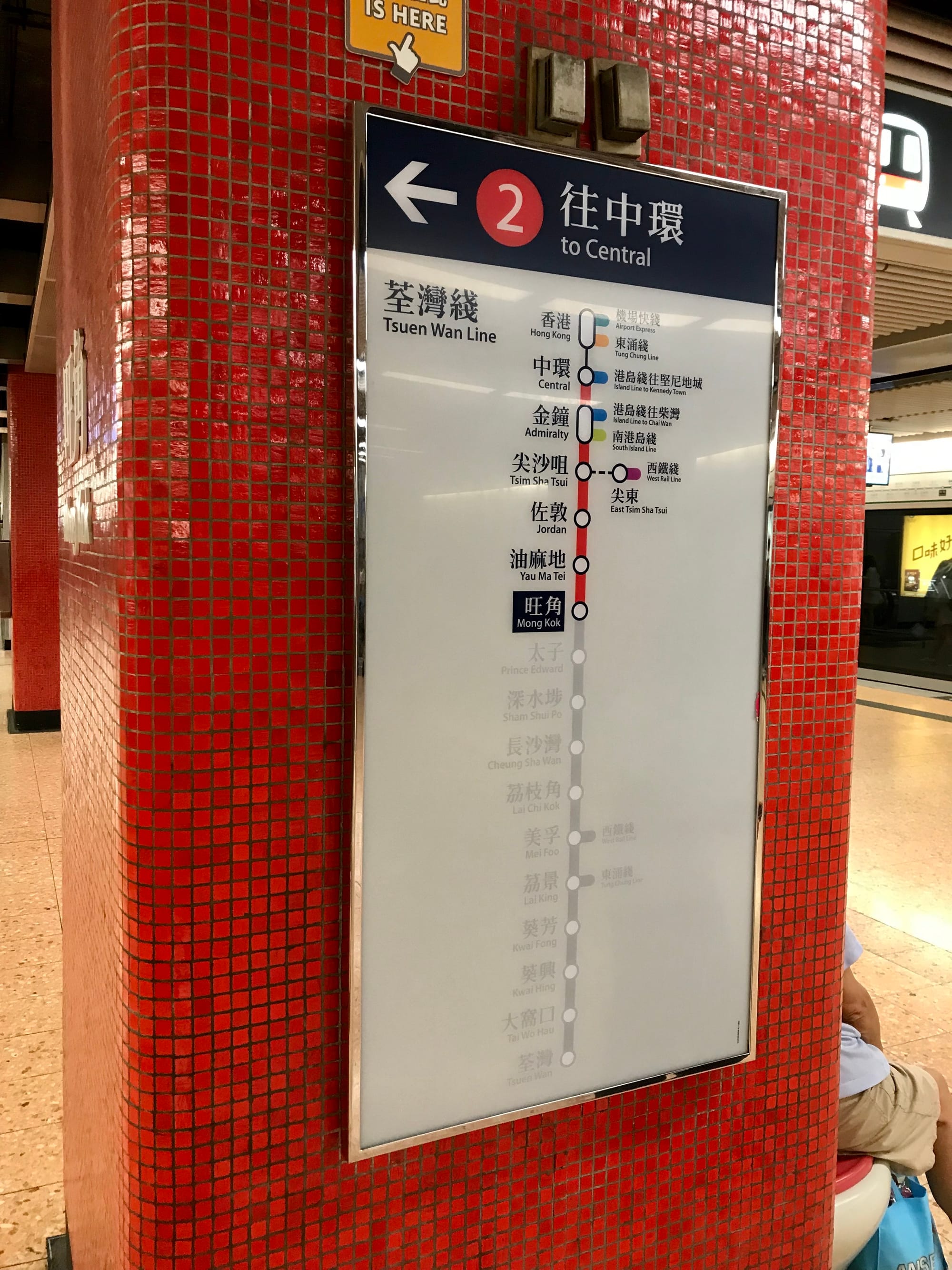 A wall-mounted sign highlighting location-relevant information at Mong Kok Station in Hong Kong's MTR metro system.