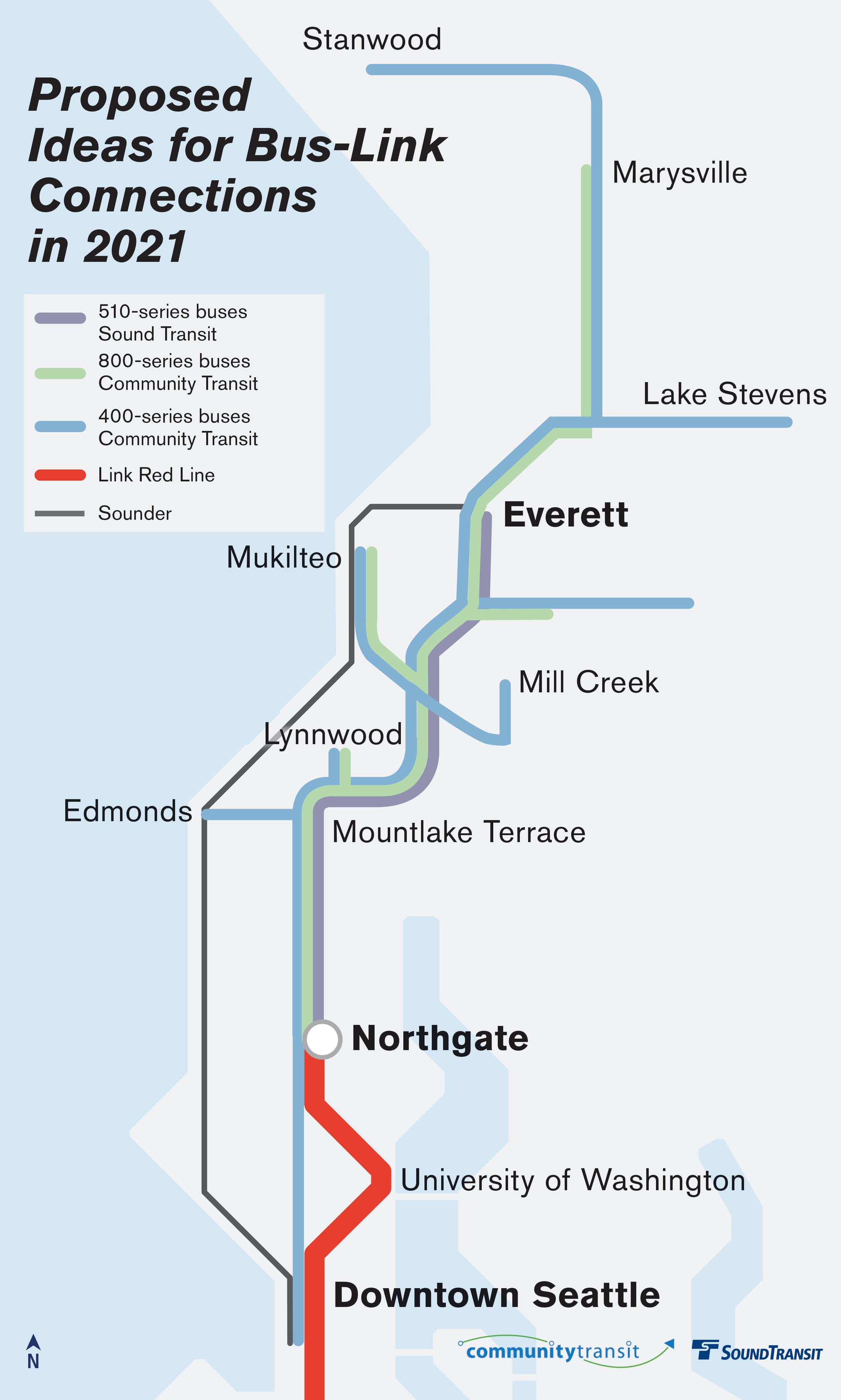Schematic of how the proposed service change would work by corridor and service. (Community Transit / Sound Transit)