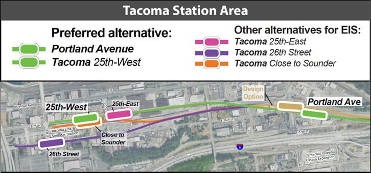 The conceptual alignment and station locations for the Portland Avenue and Tacoma Dome Stations. (Sound Transit)