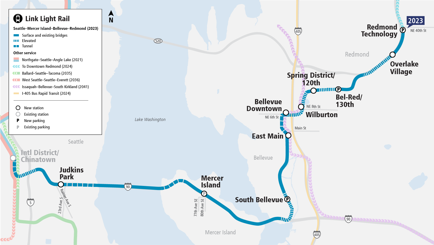 Map shows East Link will reach Redmond Technology Center by 2023 and extend to Downtown Redmond in 2024. (Sound Transit)