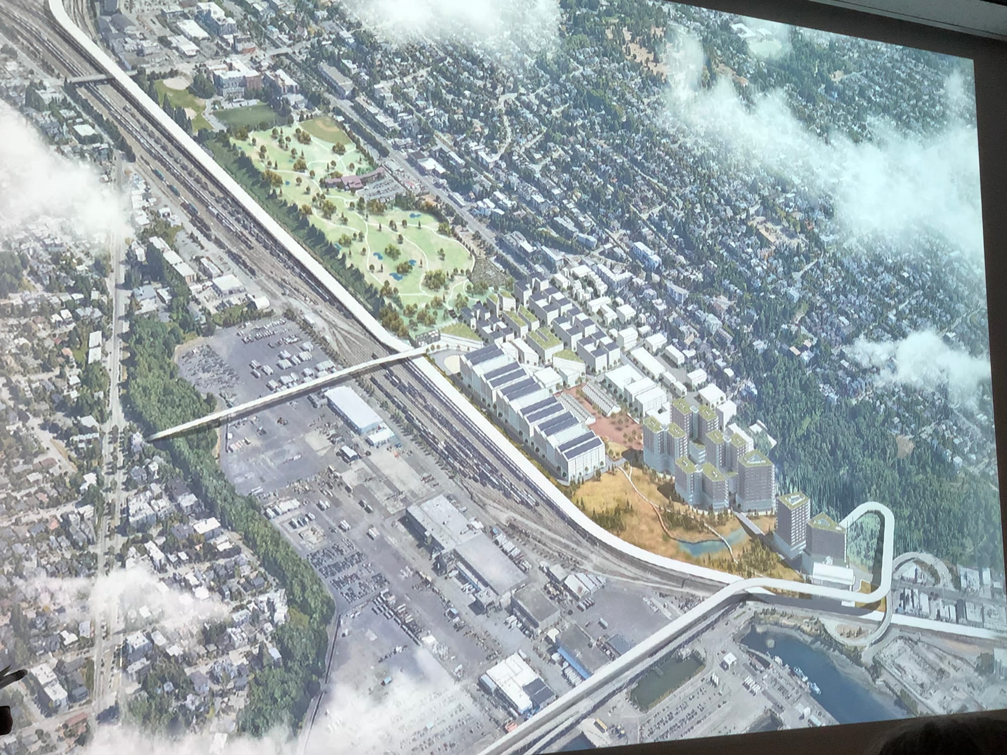 Rendering of residential towers and mixed industrial maker space with proposed salt water marsh. BE 405/505 project group “Urban Assemblage.”