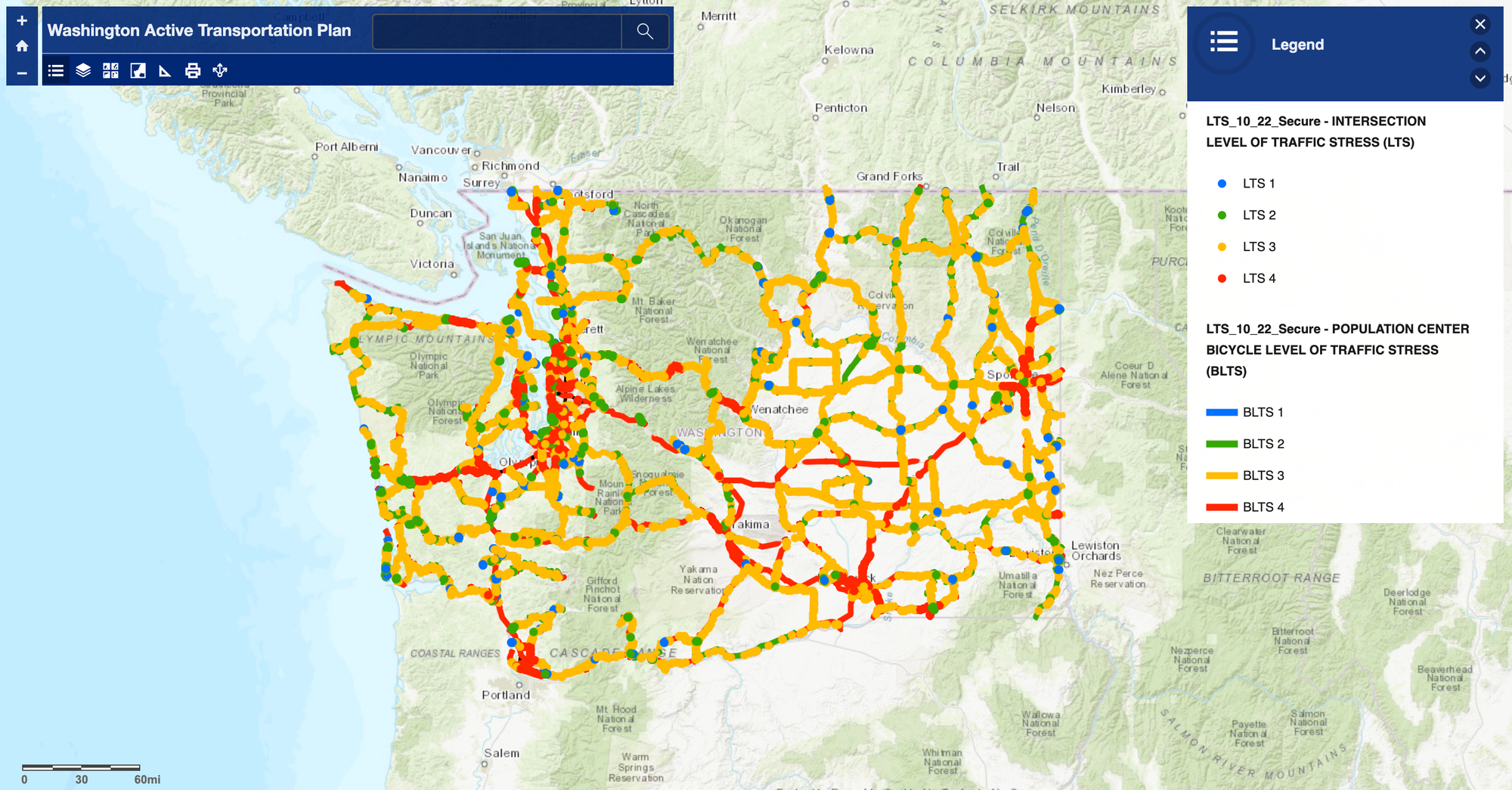 Biking stress level ratings of state highway assets across Washington. (WSDOT)