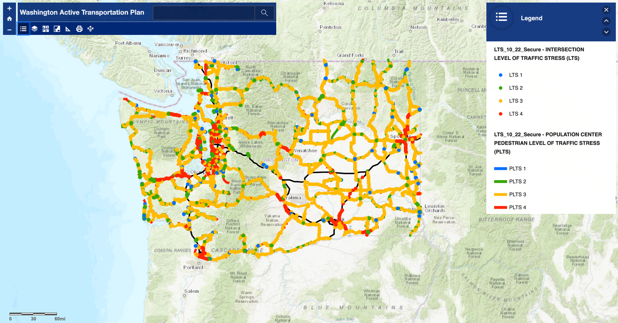 Walking and rolling stress level ratings of state highway assets across Washington. (WSDOT)