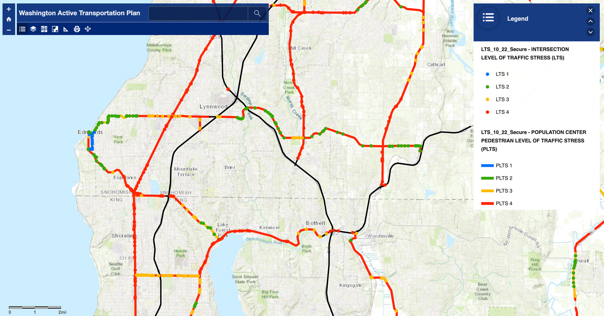 Walking and rolling stress level ratings of state highway assets in North King County and Southwest Snohomish County. (WSDOT)
