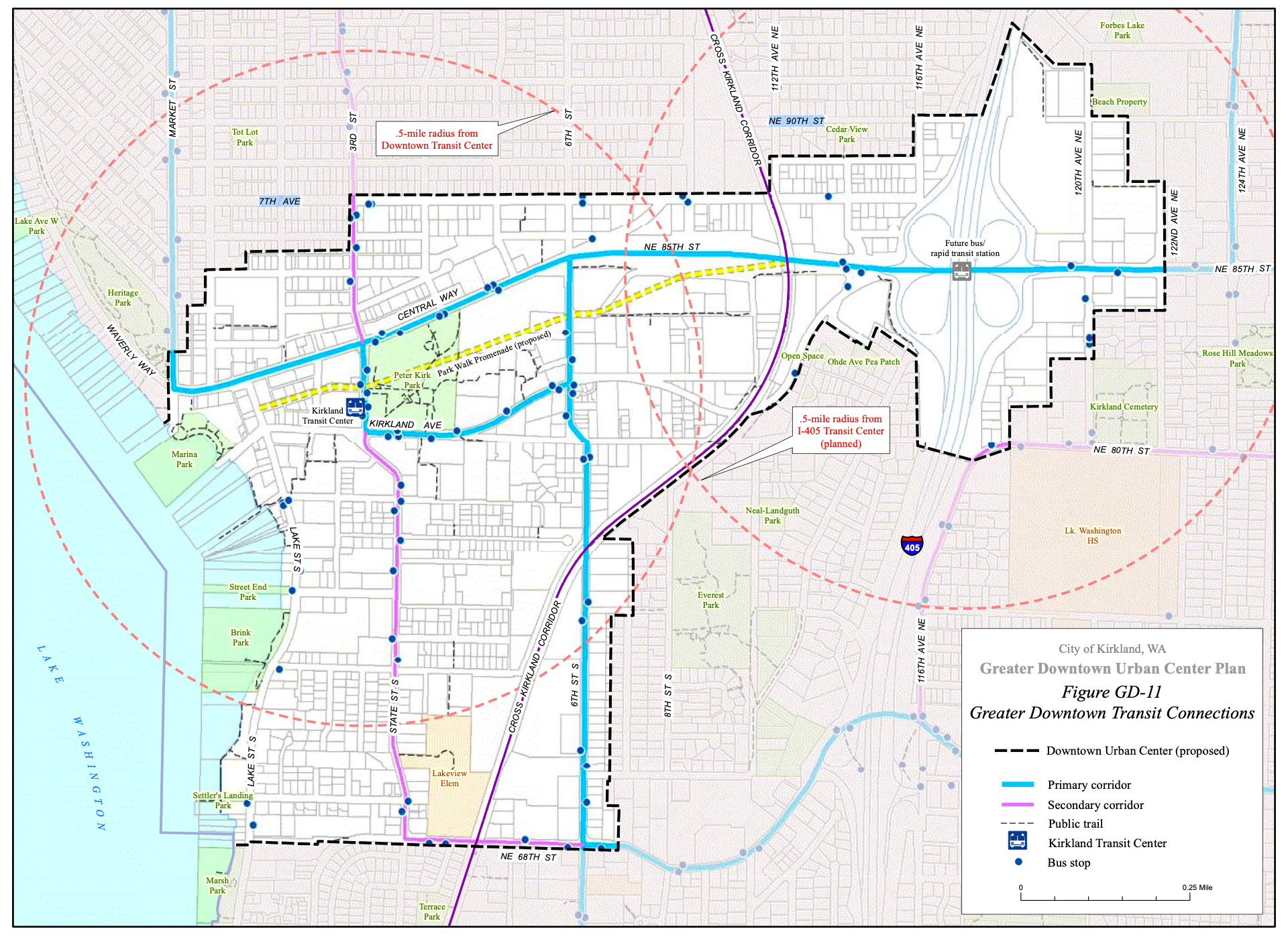 Priority transit corridors and stop locations in the city center block by block. (City of Kirkland)