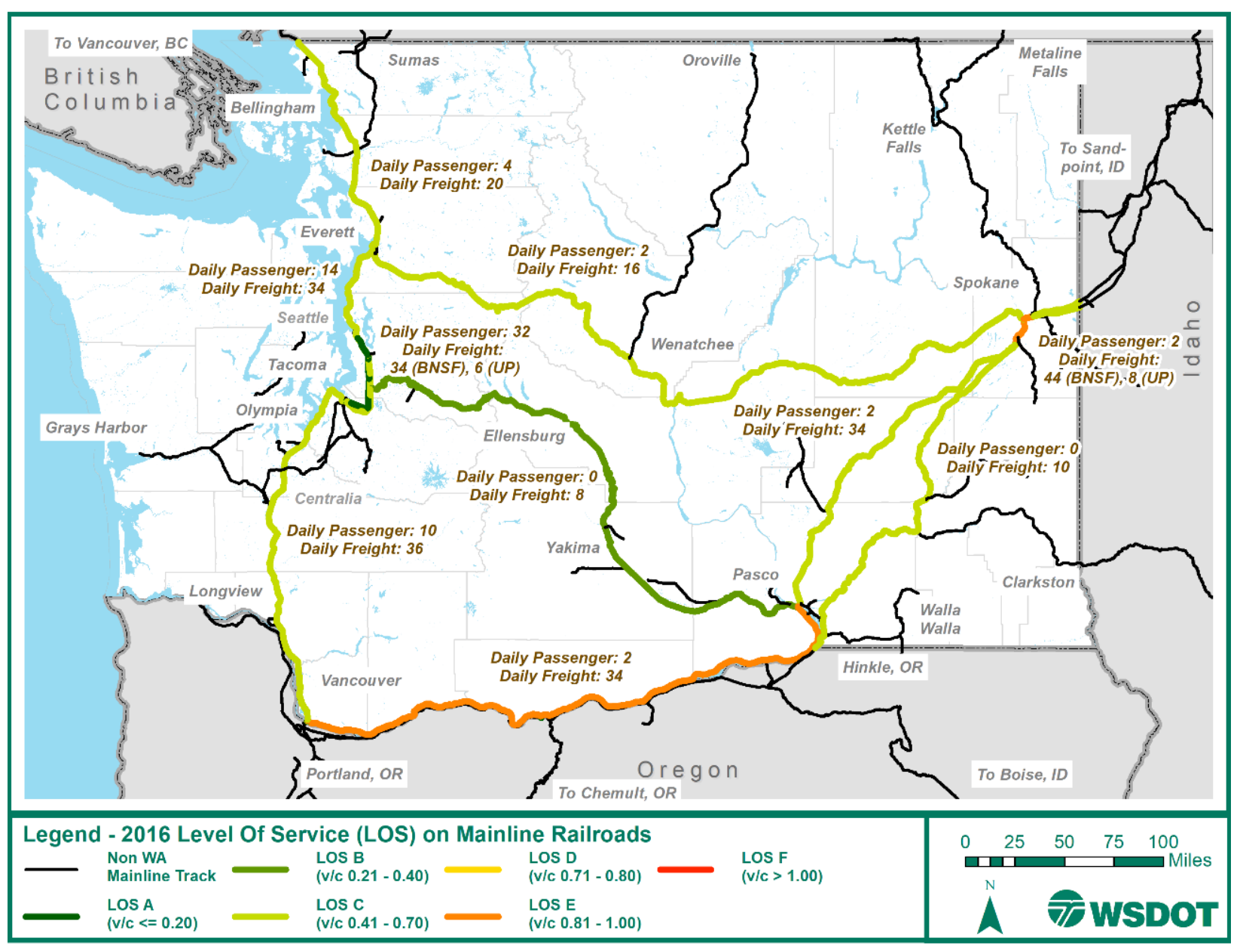 A map of the 2016 baseline LOS on mainline railways in Washington. (WSDOT)