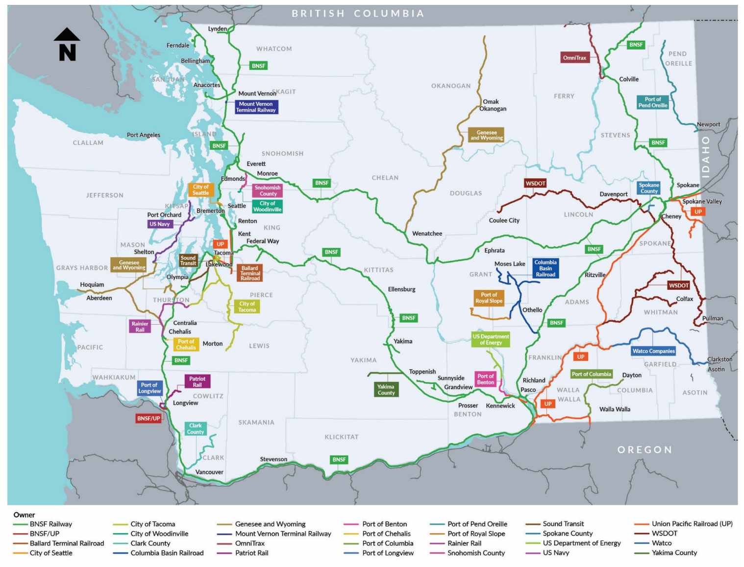 A map of railway ownership throughout Washington. (WSDOT)