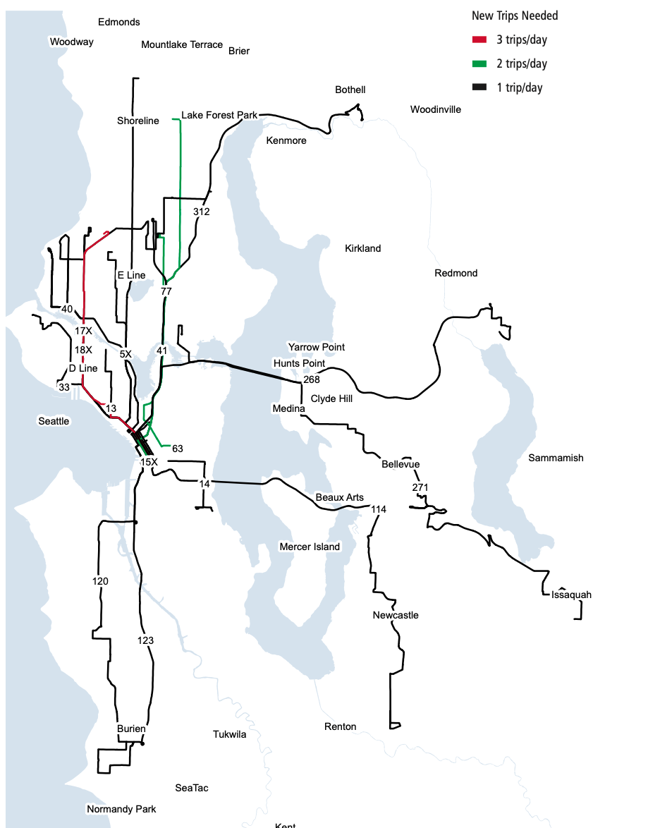 Corridors that need additional service hours to address overcrowding. (King County)
