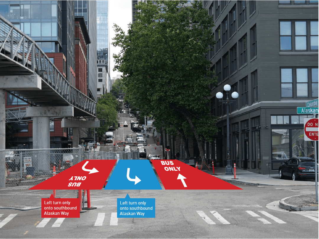 Mockup of the Columbia Street rechannelizations between Western Avenue and Alaskan Way. (City of Seattle)