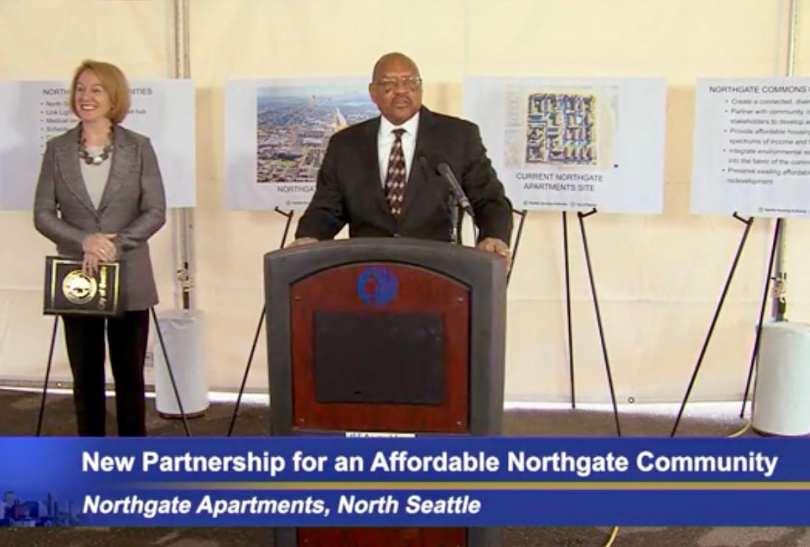 SHA Executive Director Andrew Lofton introduced Mayor Jenny Durkan at the formal announcement of the future Northgate Commons equitable development site. (Credit: Seattle Channel)