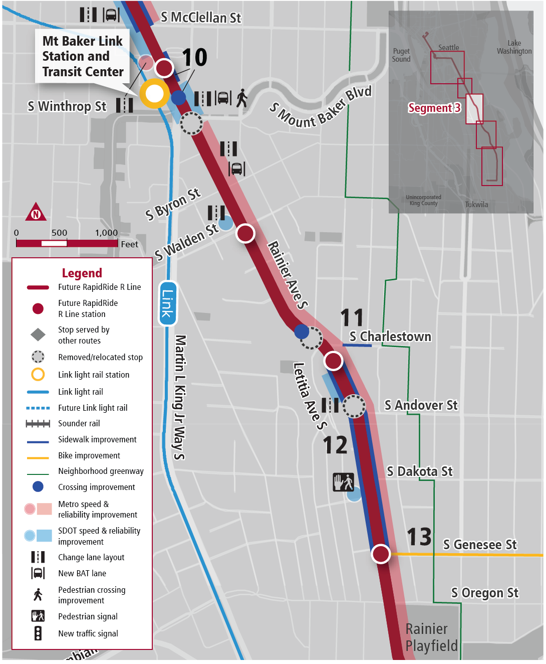 Segment 3 through North Rainier includes some stop consolidations near Mount Baker Station and Andover Street. (King County Metro)