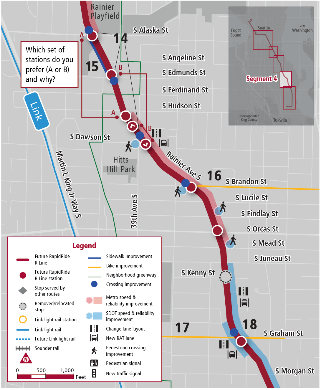 Segment 4 includes some BAT lanes and unspecified bike improvements on Brandon St and Graham St. (King County Metro)