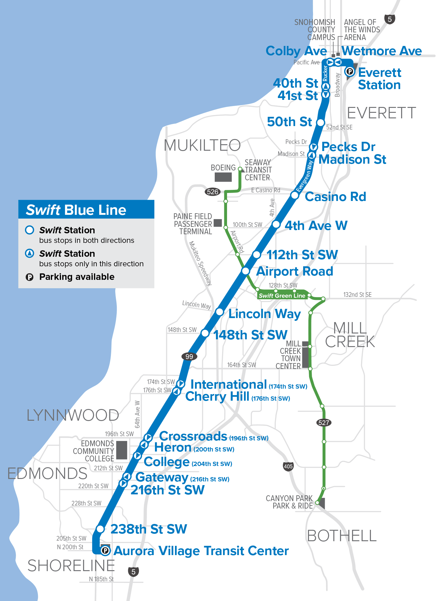 The existing Swift lines in operation with stop locations. (Community Transit)