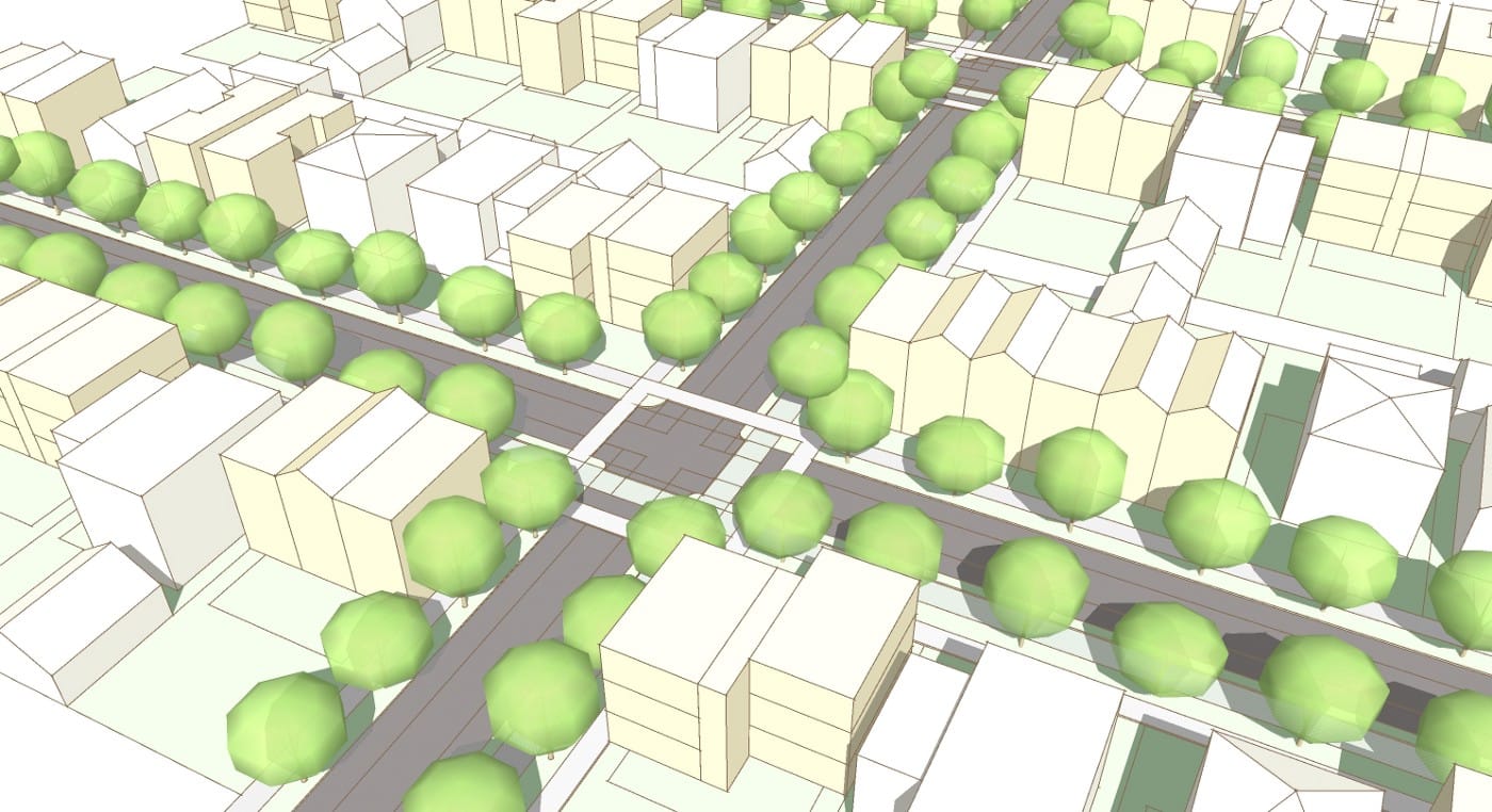 A neighborhood with a mix of new and old residential structures with different housing types, reduced setbacks, a comfortably scaled streetscape and multi-modal right of way. Infill development is smart growth, and done well, has broad benefits for everyone in the neighborhood. (Matt Hutchins AIA/CAST architecture)
