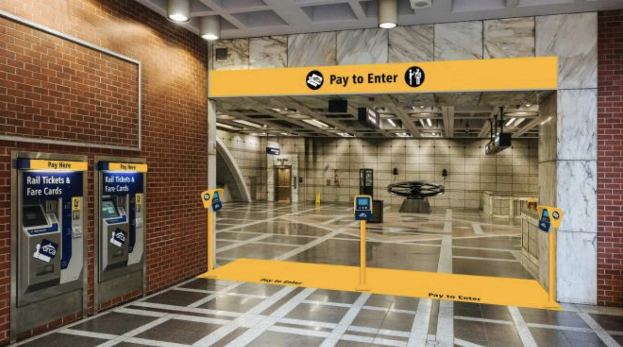 Rendering of signage that clearly warns riders that they are entering a "Fare Paid Zone". (Sound Transit)