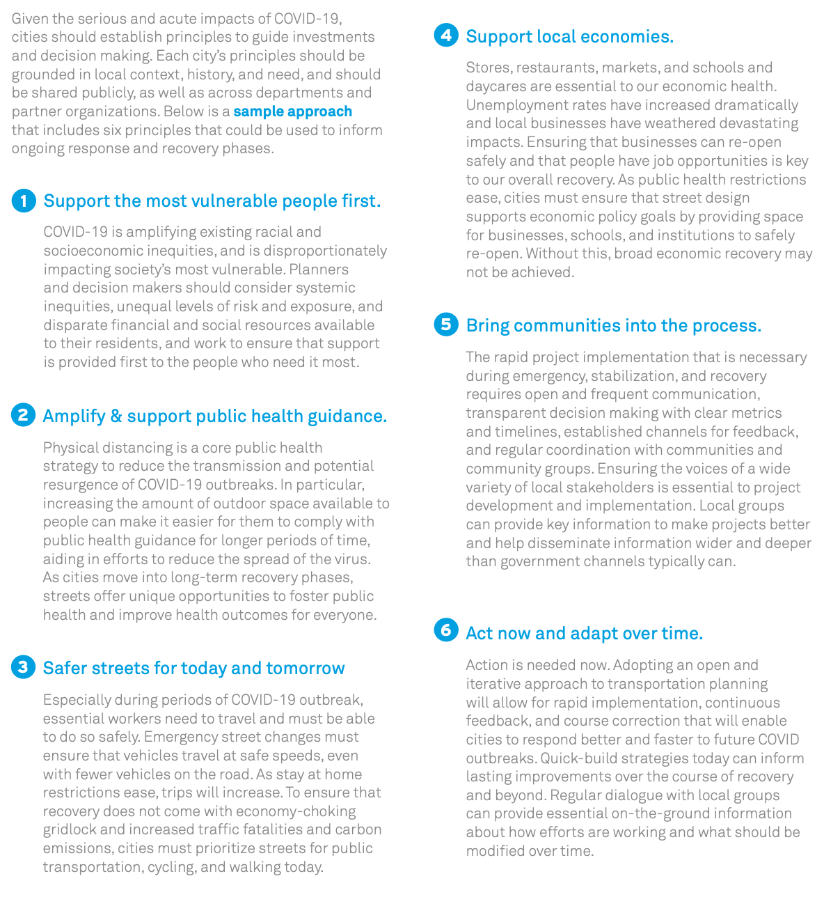 Six principles informing the process for responding to the pandemic through street change strategies. (NACTO)