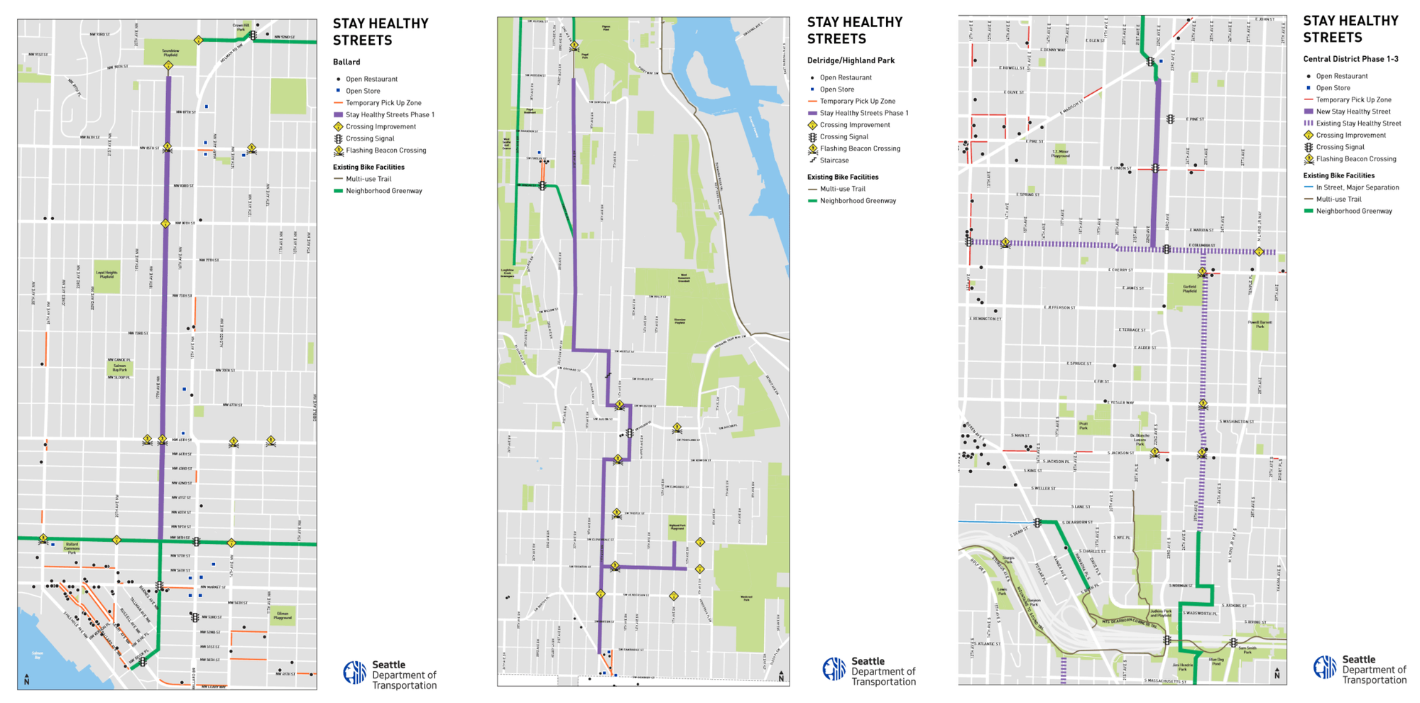 Stay Healthy Streets network in Ballard, Delridge/Highland Park, and Central District. Solid purple lines are new Stay Healthy Streets, dashed purples lines are existing Stay Healthy Streets, green lines are existing Neighborhood Greenways, and orange lines are temporary pickup zones. (City of Seattle)