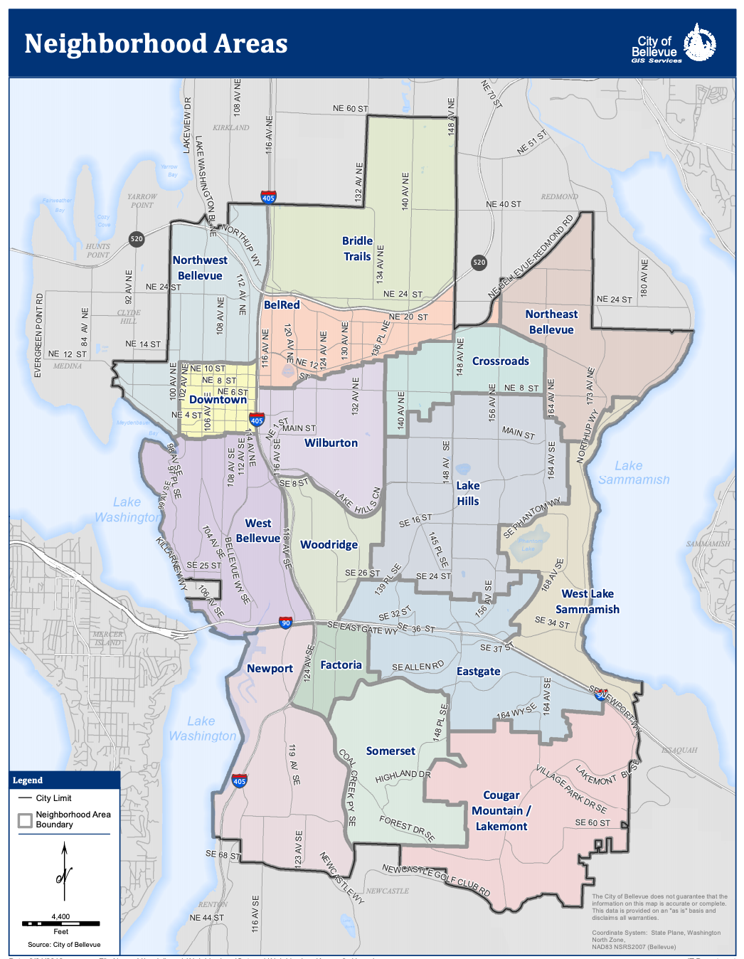 The City of Bellevue is officially divided into 16 neighborhoods of various sizes and densities. By using QGIS tools and online lists of certain retailers’ locations, I was able to determine how many locations of each retail type were accessible in a neighborhood’s bikeable area. For full analysis details, see the author’s note below. (City of Bellevue)