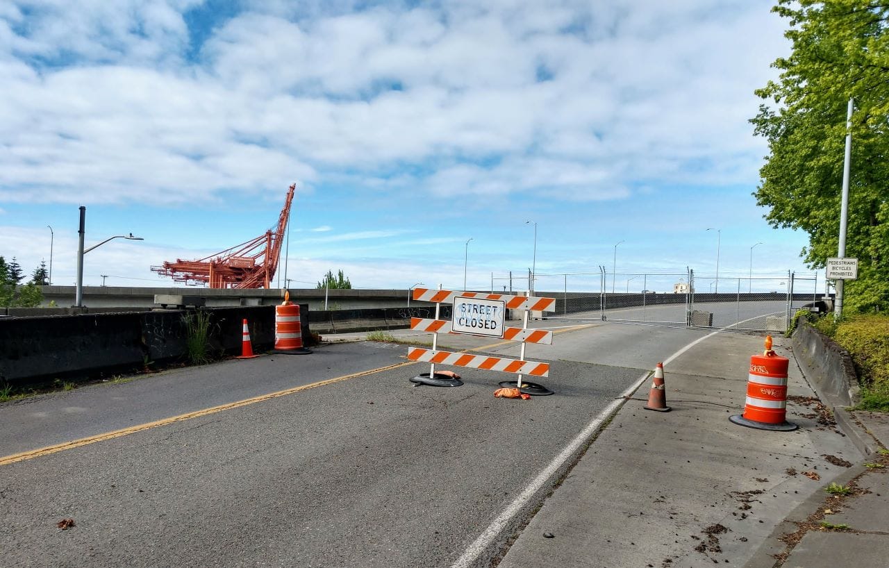 
                     Streets Closed sign in Youngstown bars access to the West Seattle Bridge. (Photo by Doug Trumm)
                     