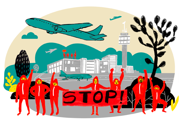 Red silhouettes of protesters in front of an airport with a plane taking off.
