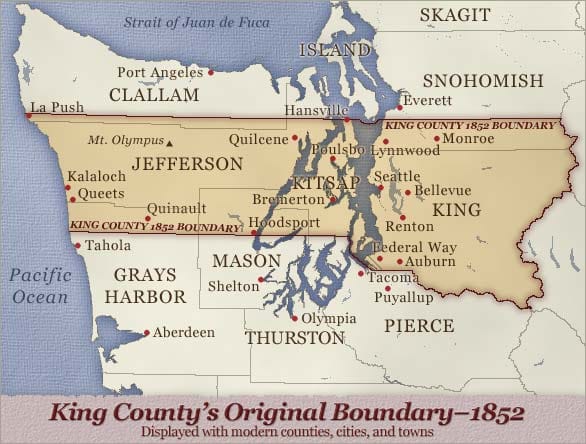 Map shows King County's 1852 boundary which included Kitsap and much of the Olympia peninsula. Jefferson and Kitsap counties have since been carved out of former King. Mason, Grays Harbor, and Clallam also nibbled at former King's edges.