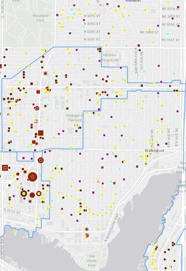 Map of Wallingford showing all development sites over the past eleven years. Many dozens of the development sites are for single-family homes.