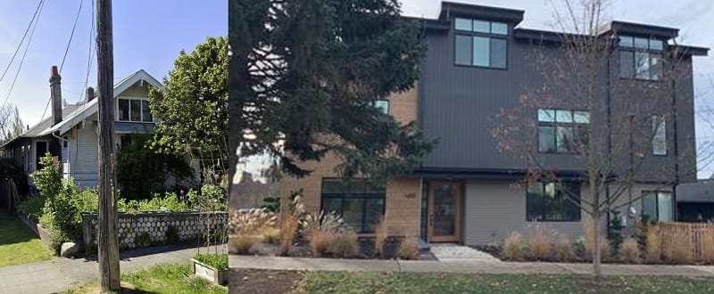 Photo of a three-story McMansion in Wallingford side-by-side with the old 1.5 story Craftsman that was demolished to build it.