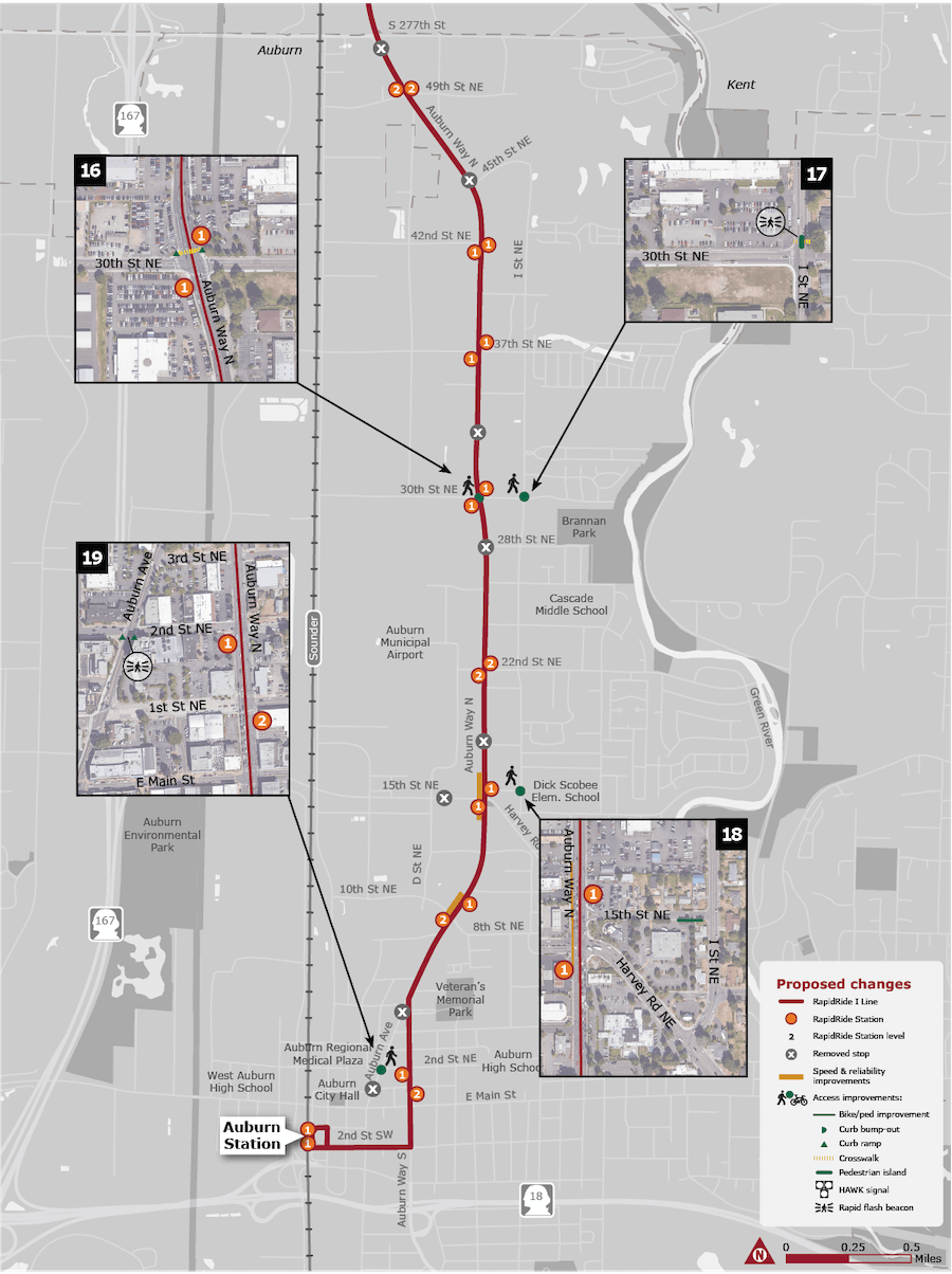 Map of corridor improvements and stop changes. (King County)