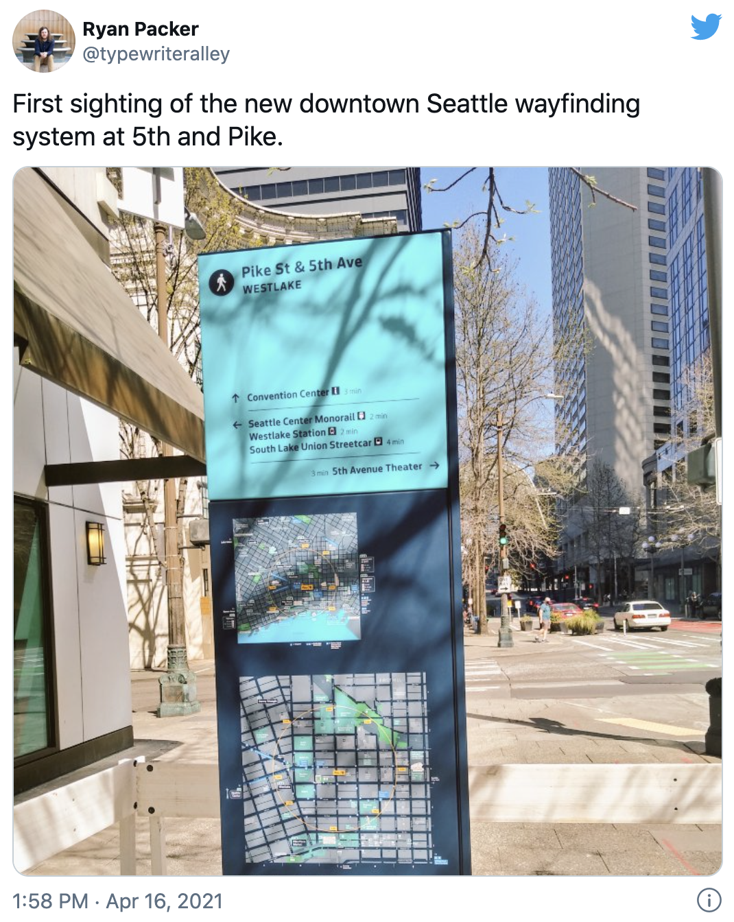 Ryan Packer's tweet about new wayfinding in Downtown Seattle.
