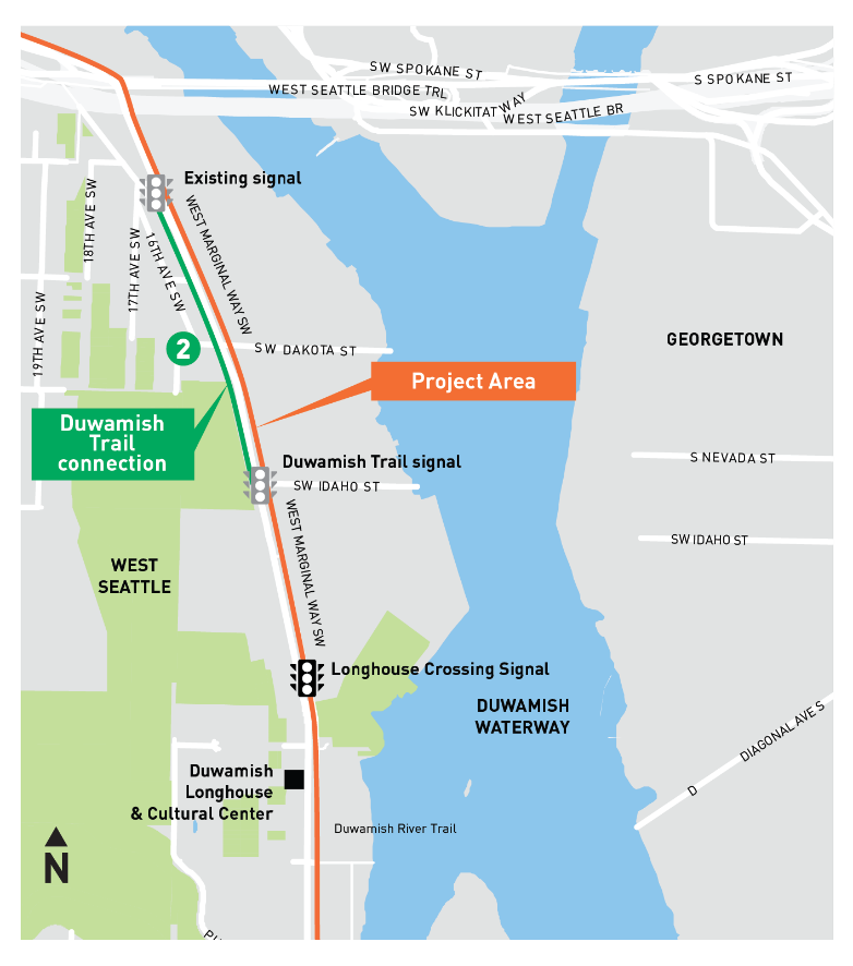 Map of planned protected bike lane project between S Idaho Street and the West Seattle Bridge. The map indicates the placement of a Duwamish Trail signal at the intersection of SW Idaho Street and West Marginal Way and the placement of the existing signal located slightly south of the bridge, where 16th and 17th Avenue SW converge with W. Marginal Way.