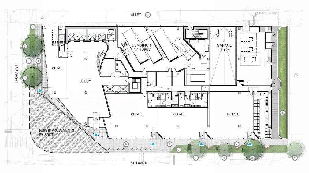 With alley spaces dedicated to loading, delivery, and trash, it’s no wonder it becomes the “back of the building”. This loading bay takes up one-third the frontage on the alley, decays the ground level, and is mandated on all new office buildings. (Courtesy of 222 5th Ave N Recommendation Packet)