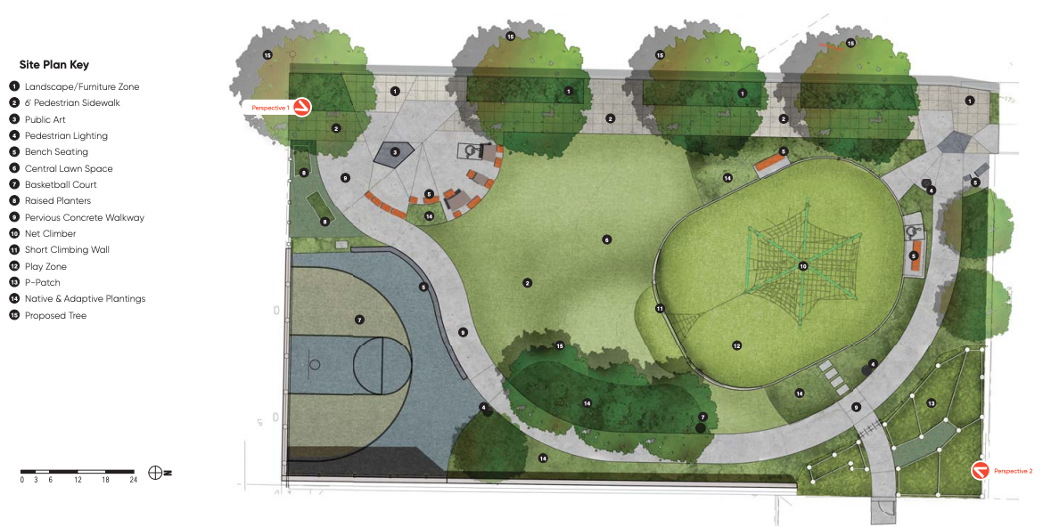 A rendering of the future park in Lake City illustrates the site plan key, which will include a landscape/furniture zone, 6 foot pedestrian sidewalk, public art, pedestrian lighting, bench seating, central lawn space, basketball court, raised planters, the previous concrete walkway, net climber, short climbing wall, play zone, p-patch, native and adaptive plantings, and a proposed tree. The largest area of the park will include the central lawn space, p-patch, and basketball court.